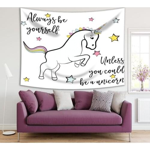 Tapestry Happy Baby Unicorn with Colorful Stars Inspiring Quote Children Yellow Pink Blue Art Printed Kids