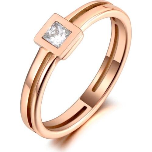 Titanium Stainless Steel Sparkling Square CZ Crystal Rings Jewelry Simple Rose Gold Ring For Women Girls R20020