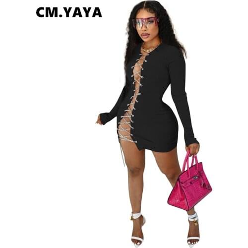 CM.YAYA Women Mini Dress Solid Full Sleeve O-neck Chain Hollow Out Stretchy Skinny Boydcon Dresses Sexy Fashion Vestidos Autumn