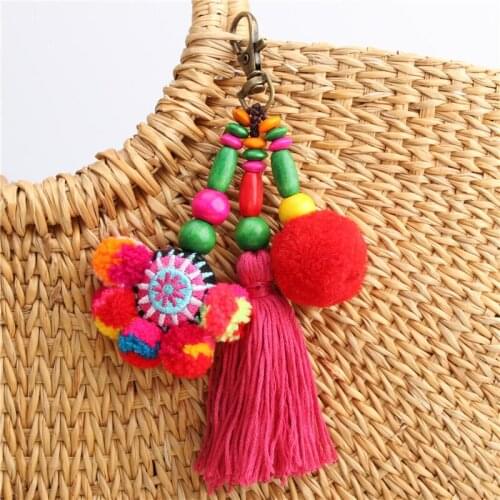 Fashion Jewelry Bohemian Handmade Bag Pendant Women Charm Pompom Keychain Colorful Bead Tassels Big Ball Key Chain Boho Jewelry