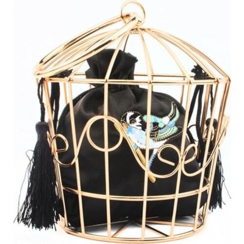 Fashion Women Birdcage Evening Bag Luxury Designer Handbag Metallic Hollow Out Bags for Ladies Tassels Wedding Clutch Bag