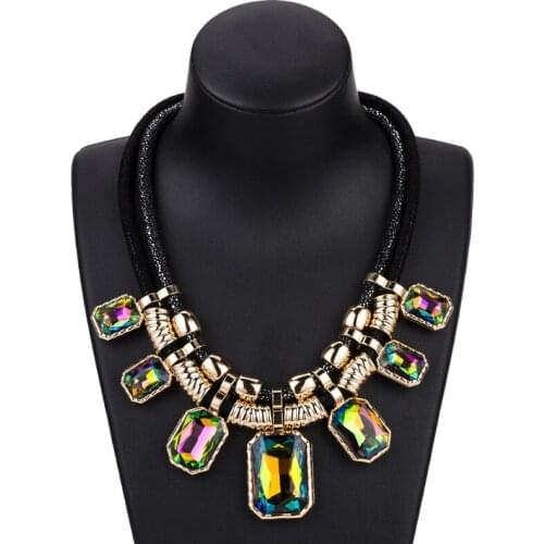 Fashion Lady Hyperbole Jewelry Accessories Double Leather Rope Chain Artificial Crystal Stone Choker Necklace for Women