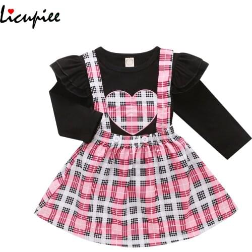 Plaid Fashion Girls Skirt Two Pieces Suit Sweet Heart Pattern Long Sleeve T-shirt and Plaid Suspender Skirt 0-4 Years