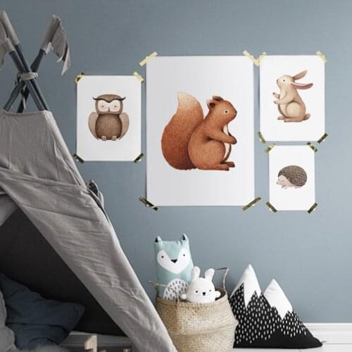 Cartoon Animals Illustration Squirrel Rabbit Owl Hedgehog Wall Art paper Painting And Prints Wall Pictures Baby Kids Room Decor