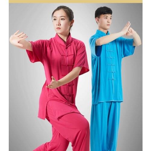 Tai Chi clothing female summer short-sleeved martial arts milk silk exercise clothes mens competition performan suit tops pants