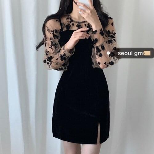 Autumn Spring Woman' Korean Black Slim Vintage Fashion Two-piece Mesh Stitching Sling Dress Mini Sexy Femal Party Clothing