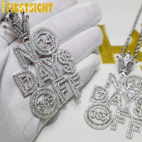 New Crown Letters NO DAYS OFF Pendant Necklace Iced Out Bling Gold Silver Color AAA Zircon Charm Mens Women Hip Hop Jewelry