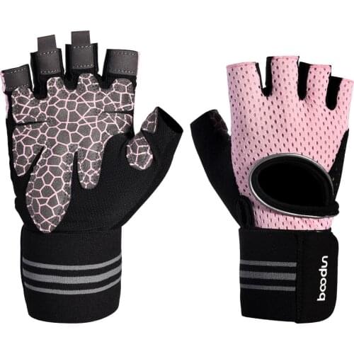 BOODUN Womens Gym Gloves Half-Finger Anti-slip Breathable Bodybuilding Fitness Sport Gloves with Long Wrist Strap Protection