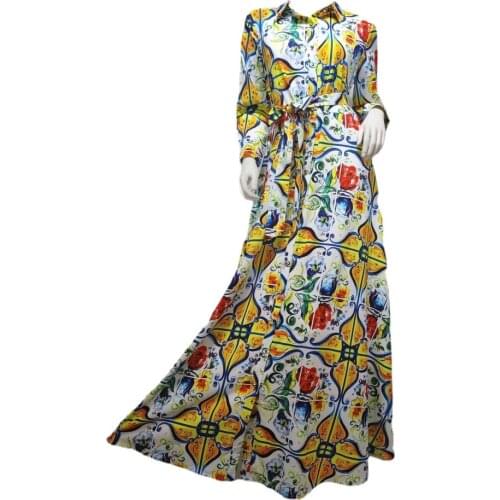 Flowers Printed Maxi Dress Abaya Muslim Women Ethnic Button Down Belted Shirt Dresses A-Line Kaftan Vestido Dubai Islam Clothes