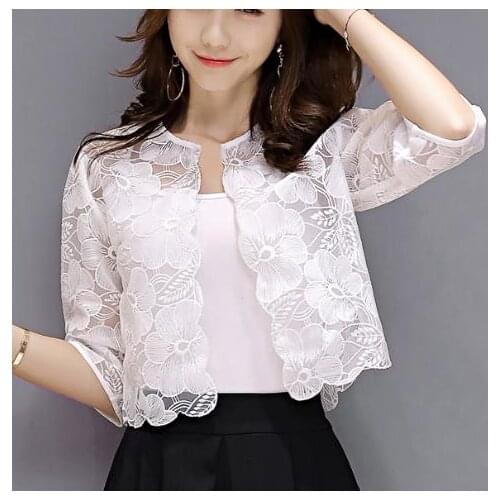 Plus size 3XL summer short women Sun protection shirt shawl lace crochet hollow blouse tops