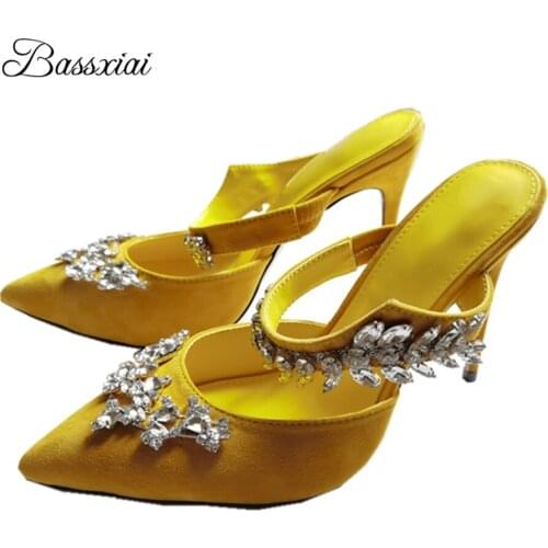 Luxury Suede Point Toe High Heel Sandals Women 10cm Thin Heels Jeweled Rhinestone Slingbacks Runway Mules For Girls