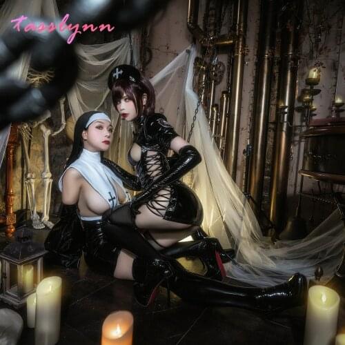 Sexy Dark Reign Nurse Cosplay Costume Leather Dress Nun Cos Leotard Elastic Clack Hot Anime Cosplay Full Set