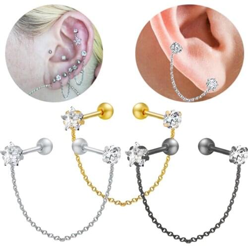 2 Hole Double Helix Piercing Tragus Earring For Women Tassel Chain Earring Titanium Steel Stud Crystal Jewelry Accessories