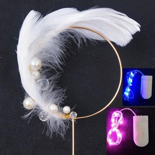 LED Glow Feather Cake Topper With Pearl Happy Birthday Wedding Cakes Decoration Supplies Anniversary Party