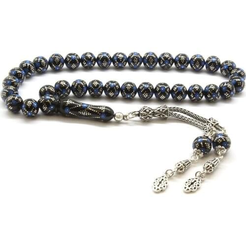 Tesbihane 925 Sterling Silver Tassels Silver-Turquoise Processing Sphere Cut Erzurum Oltu stone Rosary