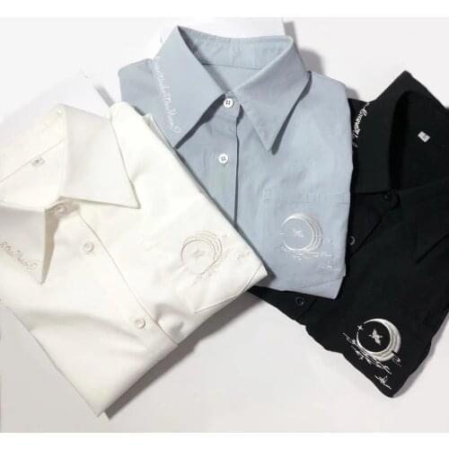 2021 Women Tops And Bloues Harajuku Vintage Simple Elegantes Loose Gothic Black White Short Long Sleeve Turn Down Collar Shirt