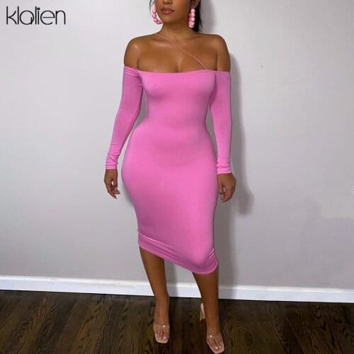 KLALIEN Fashion Elegant Office Lady Slash Neck Long Sleeve Skinny Bodycon Dress For Women 2021 Autumn New Party Club Night