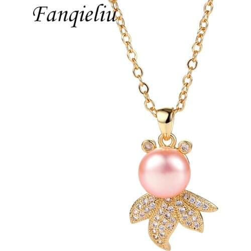Fanqieliu Pink Natural Pearl Cute Goldfish Pendant Crystal Jewelry Gold 925 Sterling Silver Necklace For Women FQL21185