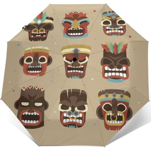 Wind Resistant Folding Automatic Umbrella Women Auto Fun Collection Smiley Tiki Masks Windproof Umbrellas Rain For Men Parasol