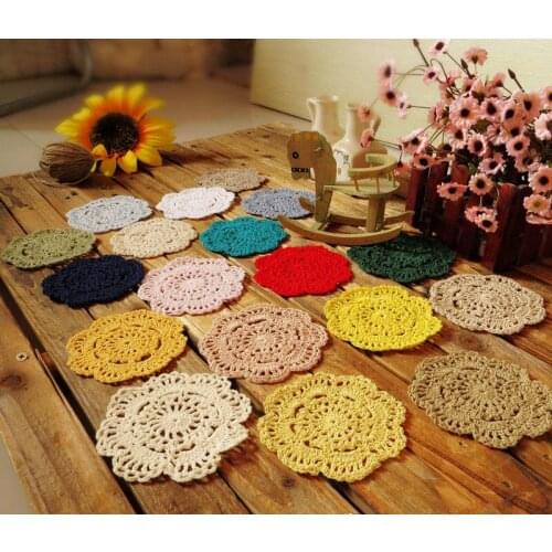 50pcs/lot 10cm Round Cotton Handmade Crochet Flower Cup Plate Pad Retro Decorative Table Mat Home Decor