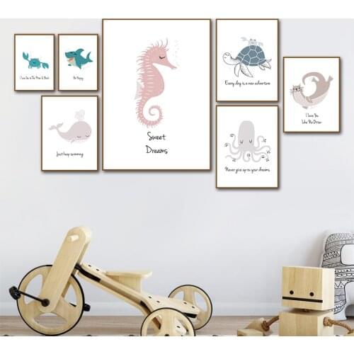 Turtle Hippocampus Shark Whale Crab Marine life Wall Art Canvas Painting Nordic Posters And Prints Wall Pictures Kids Room Decor