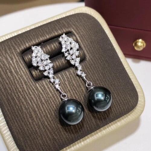 D524 Pearl Earrings S925 Sterling Silver Round 8-9mm Nature Fresh Water Peacock Green Black Pearls Drop Dangle Earrings