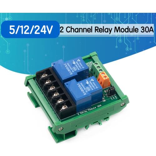 Two 2 Channel Relay Module 30A with Optocoupler Isolation High Low Trigger for Smart Home PLC with Guide Rail 5V 12V 24V