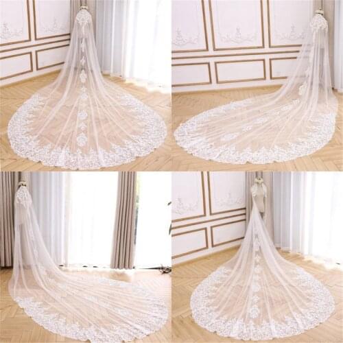 Cathedral Bridal Veil Fingertip Veil Floral Wedding Veil with Sequin Ivory Veil Long Sparkling Veil Bridal Headpiece Soft Tull