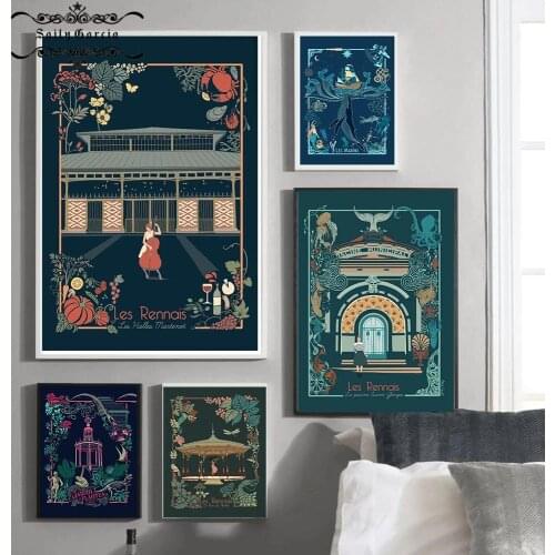 French Multi Colored Illustration Canvas Painting Abstract Garden Ocean Whale Wall Art Picture Posters Prints Unique Home Decor