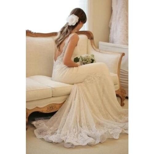 Bride Lace Wedding Dresses Mermaid Romantic Strap Gowns with Applique Backless cap sleeve 2015 Wedding Dress Real Sample
