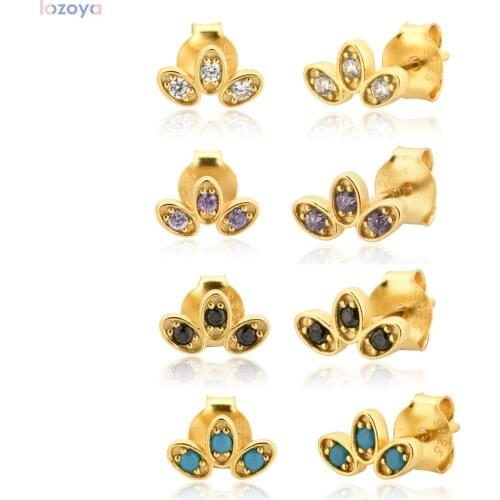 Lozoya 925 Sterling Silver Three Colorful Wedding Leafs Queen Stud Earring Ohrringe Piering Small Ovals Luxury Party Rock Punk