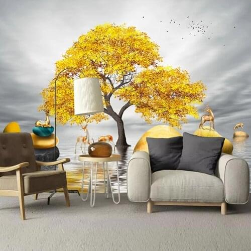 Custom 3D Wall Murals Wallpaper Golden Big Tree Elk Decor Painting Modern Creative Study Living Room Sofa Bedroom Photo Mural