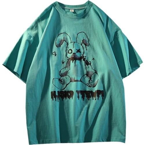New Casual Japanese Casual Summer Women T Shirt Demon Long-eared Rabbit Puppet Harajuku Print Tees Lake Blue Tops Female 2021