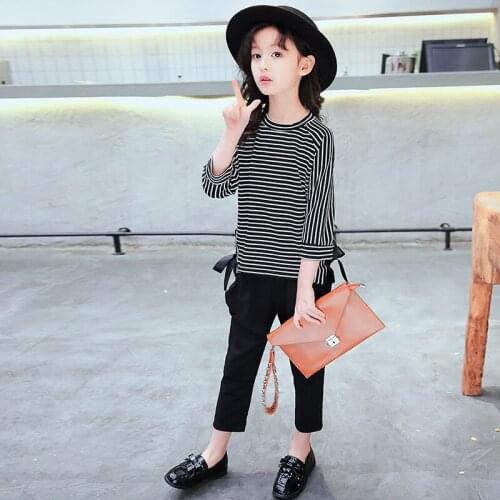 2018 new autumn striped cotton T-shirt top black trousers Korean fashion female childrens two-piece suit
