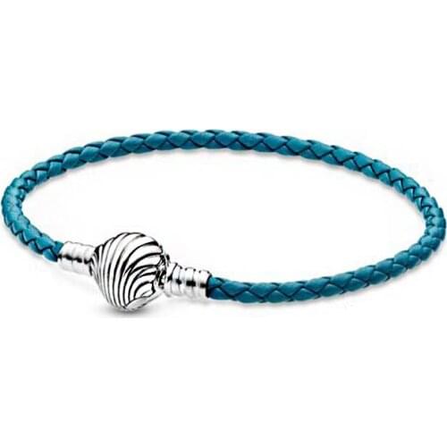 2021 New 925 Sterling Silver pan Bracelet Seashell Clasp Turquoise Braided Leather pan Bracelet Women Jewelry