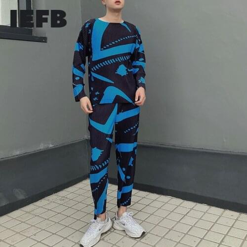 IEFB Pleated Casual Suit Mens 2021 New Printing Fashion Niche British Style Two Piece Suit For Men And Women High Quality Set