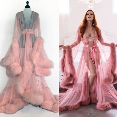Pink Bathrobes Nightwear Luxury Fur Belt Illusion Wedding Party Sleepwear Custom Made Nightgowns Robes Pregant Photograph