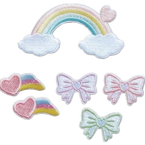 Self-adhesive New Cute Heart Rainbow Bow Embroidery Patches for Clothing Jeans Iron-on Clothes Sticker Small Appliques Stripes