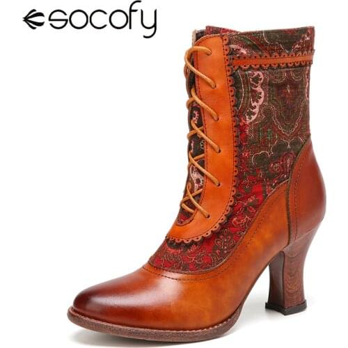 SOCOFY Elegant Pattern Boots Splicing Solid Color Genuine Leather Pointed Toe Short Boots Casual Outdoor Botas Mujer 2020