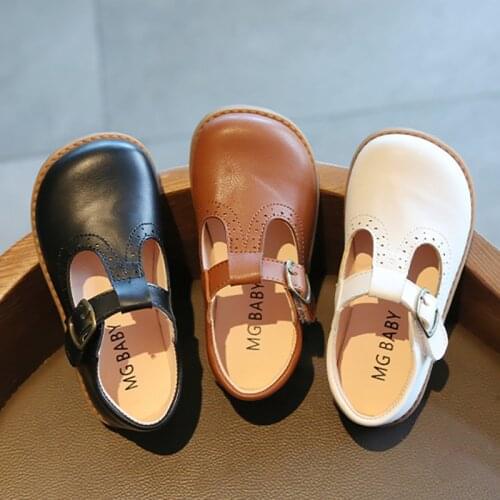 Kids Flat Leather Shoes Childrens Girls Boys Baby School British Style Non-Slip T-Strap Soft Bottom Single Shoes New 2021