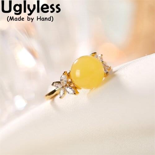 Uglyless Candy Balls Simple Gemstones Rings Women Natural Chicken Oil Amber Beeswax Rings Zircons Butterfly Jewelry 925 Silver
