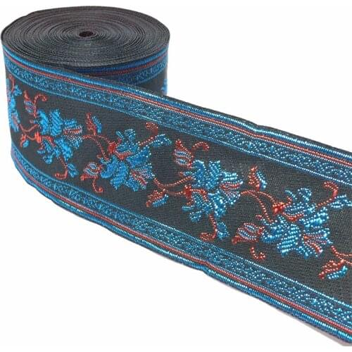 ZERZEEMOOY 2" 5cm 7yard/lot High quality Woven Jacquard Ribbon black background red and blue flower pattern straps and belt lace