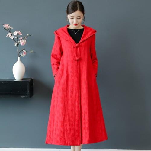 2021 autumn winter women cotton linen jacquard windbreaker loose large size was thin wild long hooded cloak cardigan jacket s415