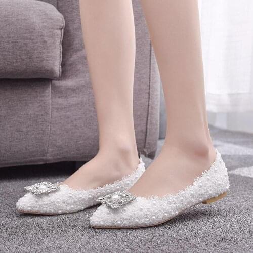 Ladys White Lace Brides Wedding Shoes Large flat-soled Bridesmaid shoes Fashion Square Button Drill Single Shoes