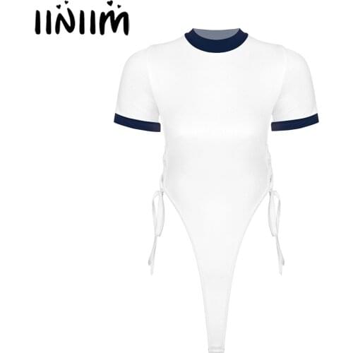 Women Exotic Girls See-through Teddies Lace-up Bodysuit Nightwear Lingerie Mock Neck Short Sleeve Leotard Fancy Costumes Cosplay