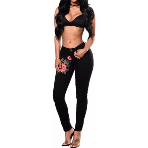 Womens Embroidered Flower High Waist Pencil Denim Skinny Leggings Jeans