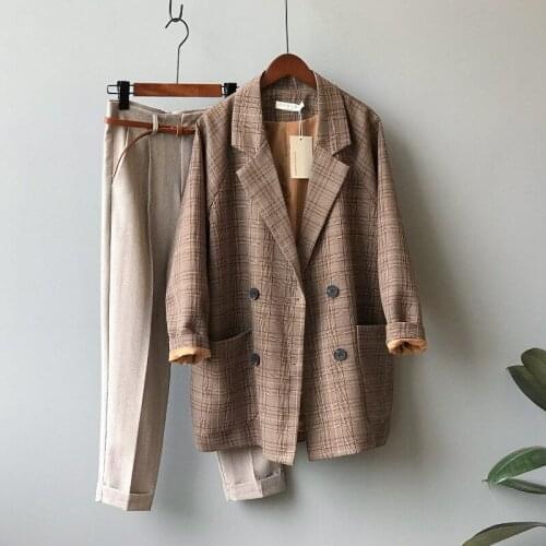 Women Coffee Plaid Back Blazer New Lapel Long Sleeve Loose Fit Jacket Fashion Tide Spring Autumn 2021