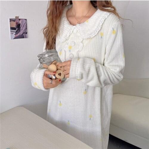 Winter Pineapple Plush Nightgown Winter Long Sleepwear Nightdress Cute Korean Buttons Kawaii Home Clothes Soft White Striped New