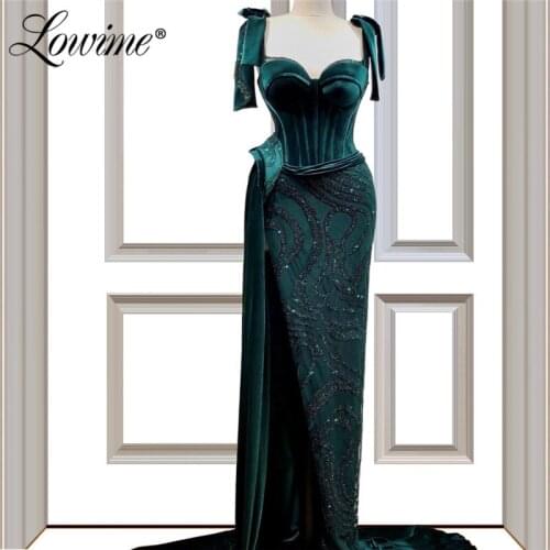 Deep Green Mermaid Evening Dress High Split Side Sexy Prom Dresses 2020 Aibye Kaftans Dubai Middle East Handmade Party Gowns