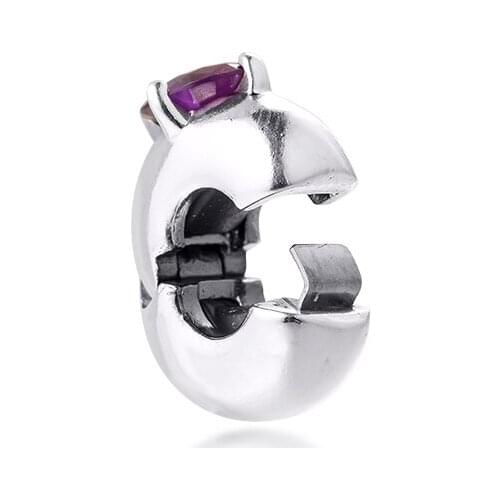 DIY Fits for Pandora Charms Bracelets Purple Round Solitaire Clip Beads 100% 925 Sterling-Silver-Jewelry Free Shipping